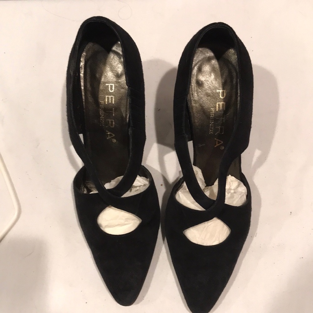 Petra Firenze Made in Italy black suede, 3 inch tapered heel, gently worn